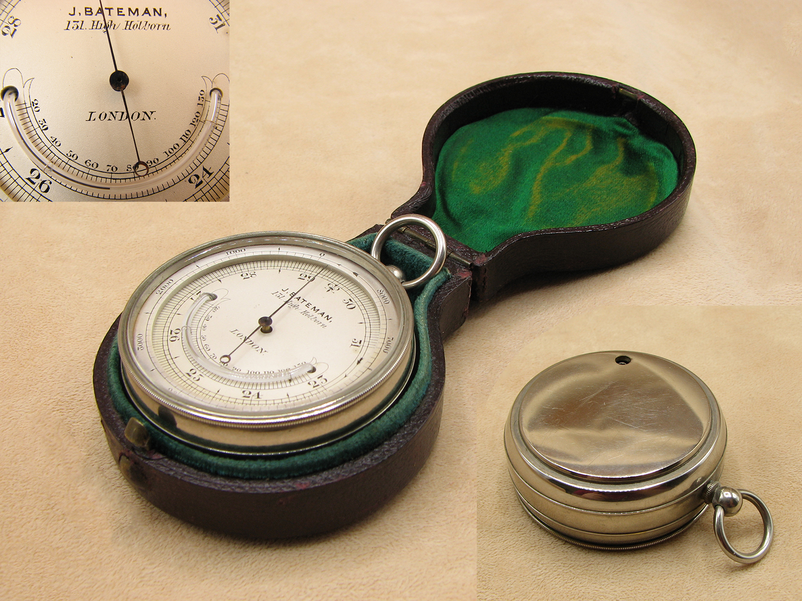 Late 19th century pocket barometer with thermometer 
signed J BATEMAN 131 High Holborn